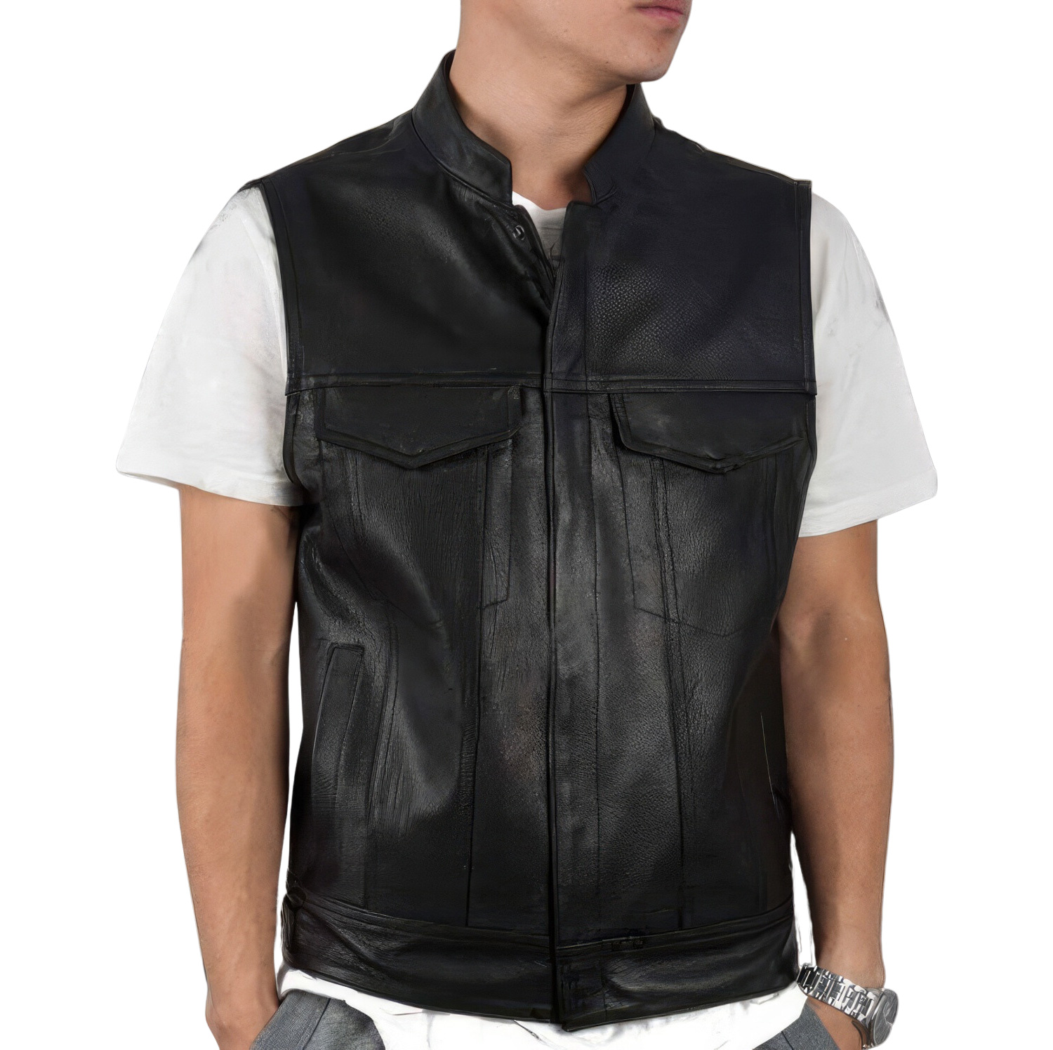 men’s black biker genuine sheepskin stand collar vest