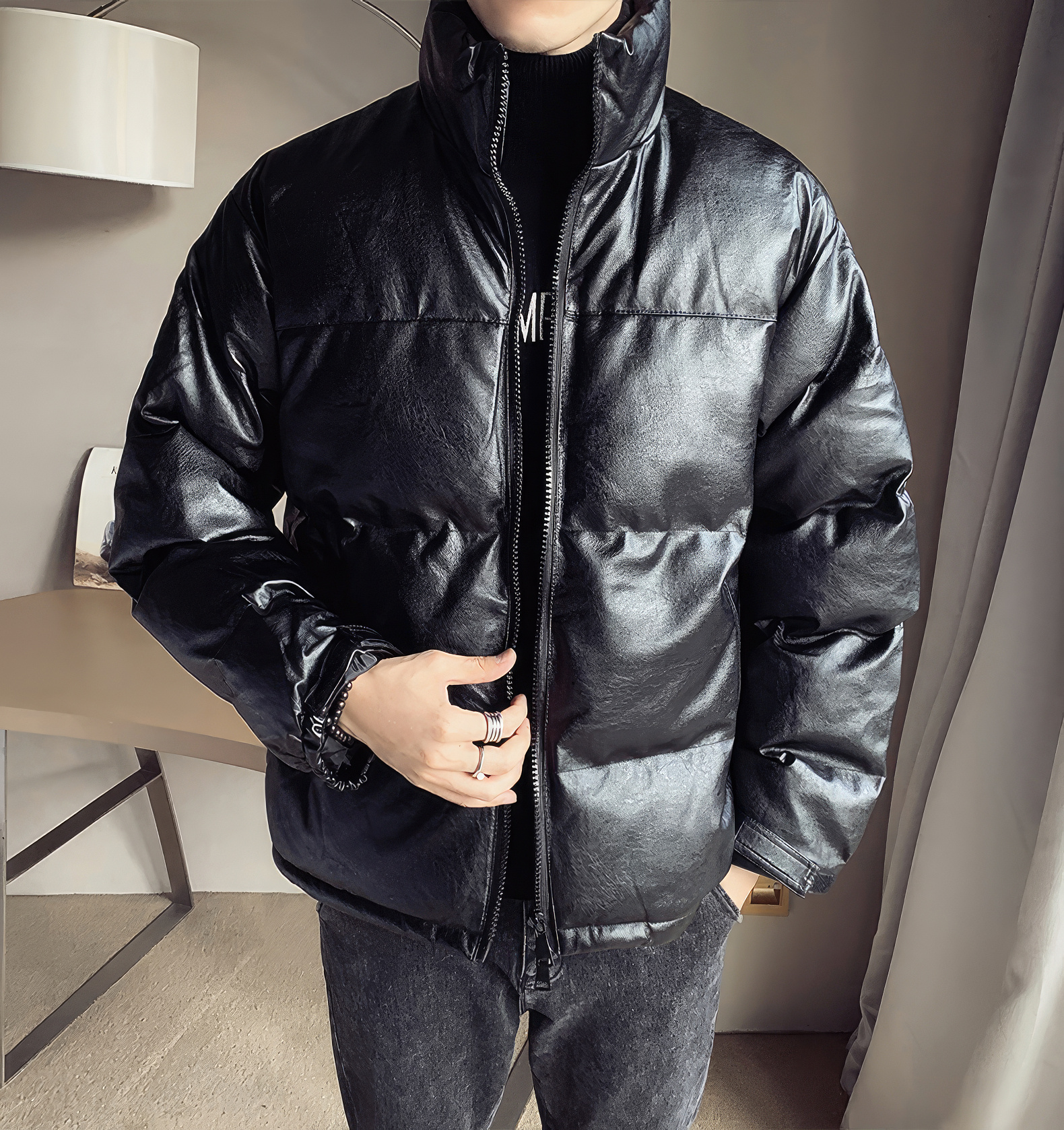 men’s black genuine sheepskin stand collar winter warm leather jacket