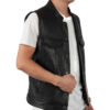 men’s black biker genuine sheepskin stand collar vest