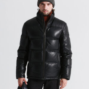 Men’s Black Genuine Sheepskin Polo Neck Leather Jacket