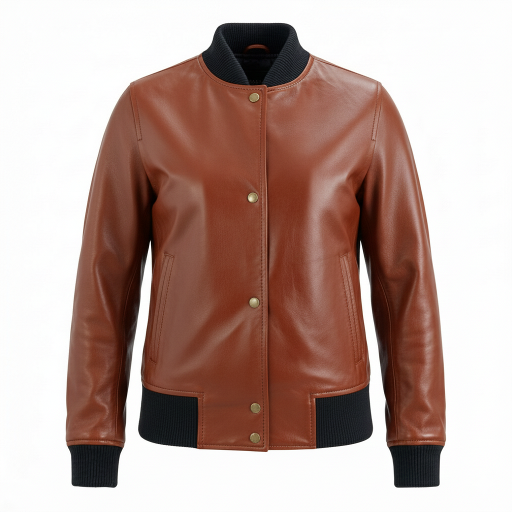 premium leather bomber jacket with ribbed collar premium leather bomber jacket with ribbed collar