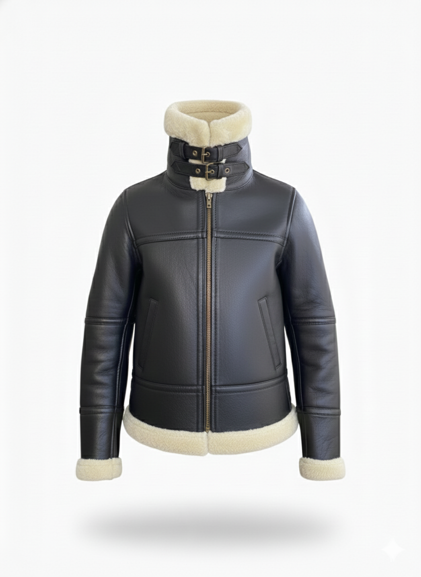 premium shearling aviator jacket black for women