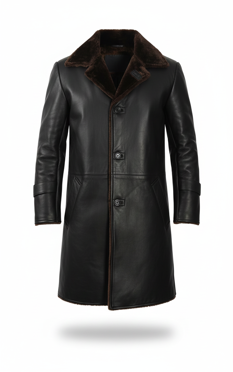 men’s black shearling leather long coat