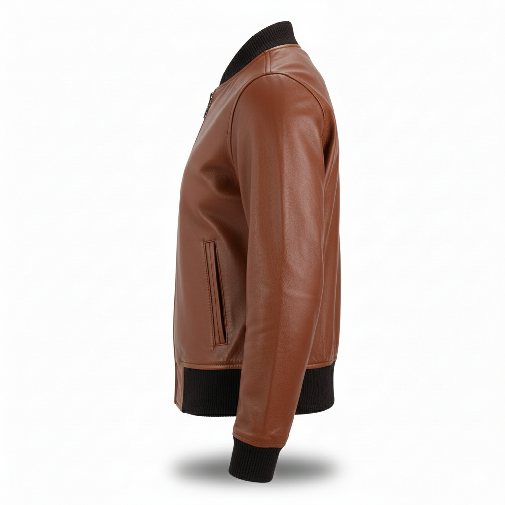 premium leather bomber jacket with ribbed collar premium leather bomber jacket with ribbed collar