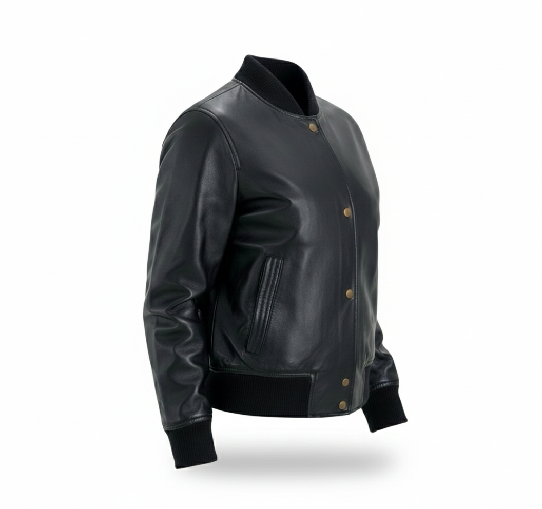 premium leather bomber jacket with ribbed collar premium leather bomber jacket with ribbed collar