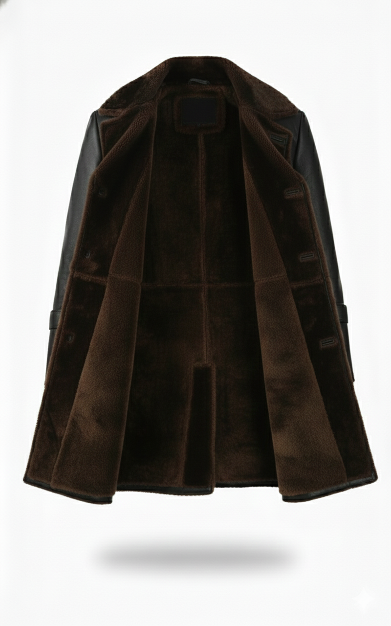 men’s black shearling leather long coat