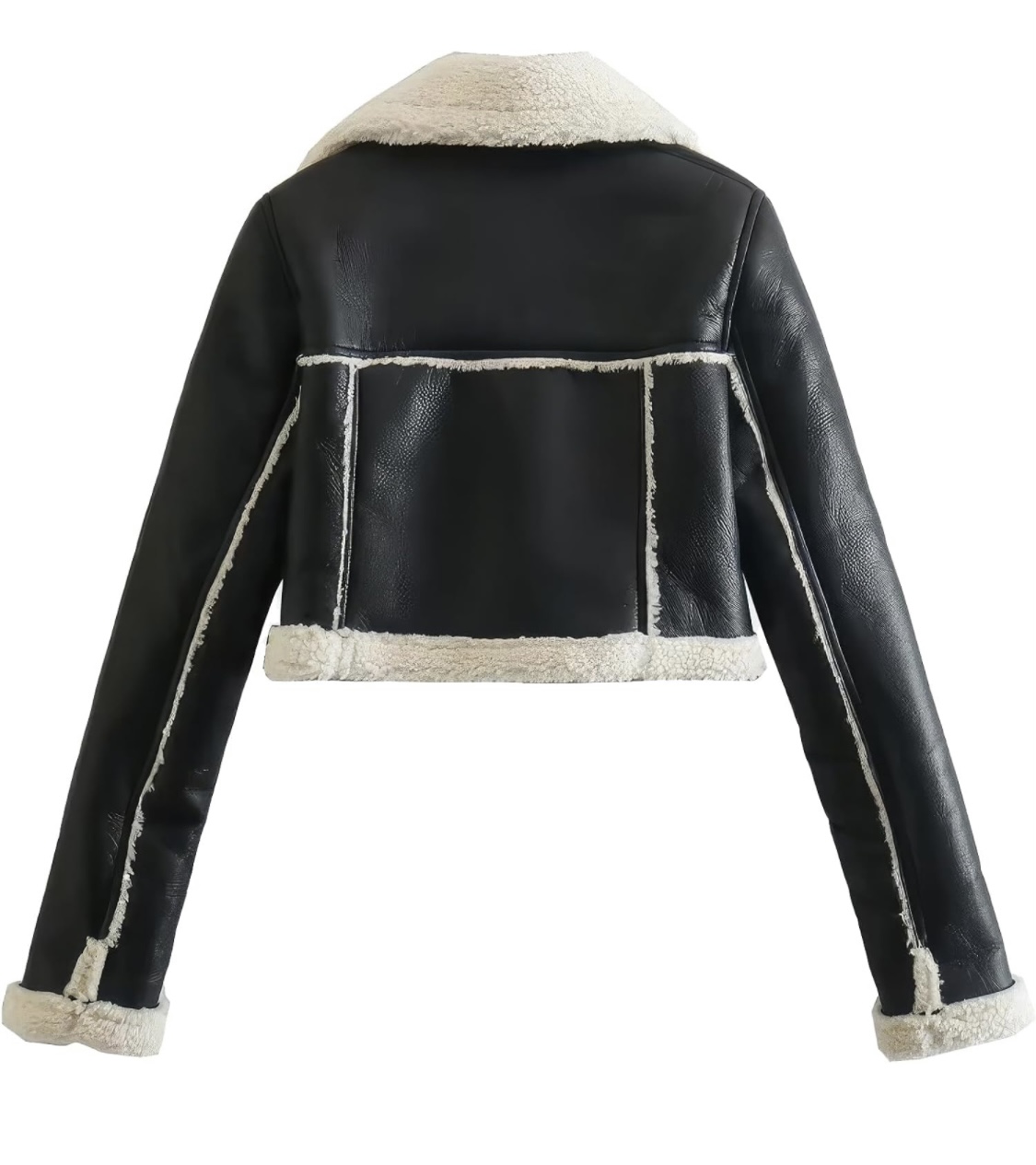 women’s cropped faux leather jacket with shearling fur collar