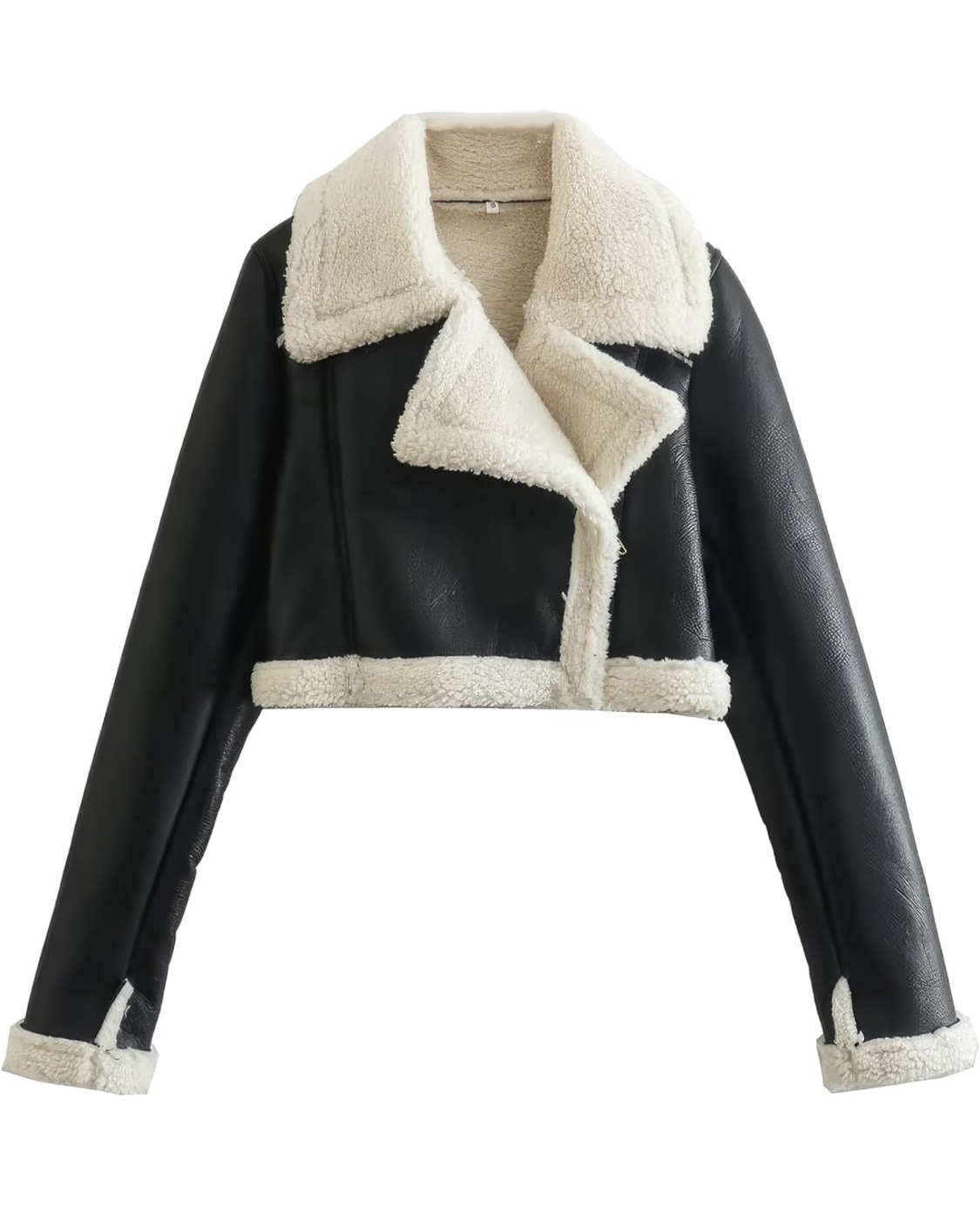 women’s cropped faux leather jacket with shearling fur collar