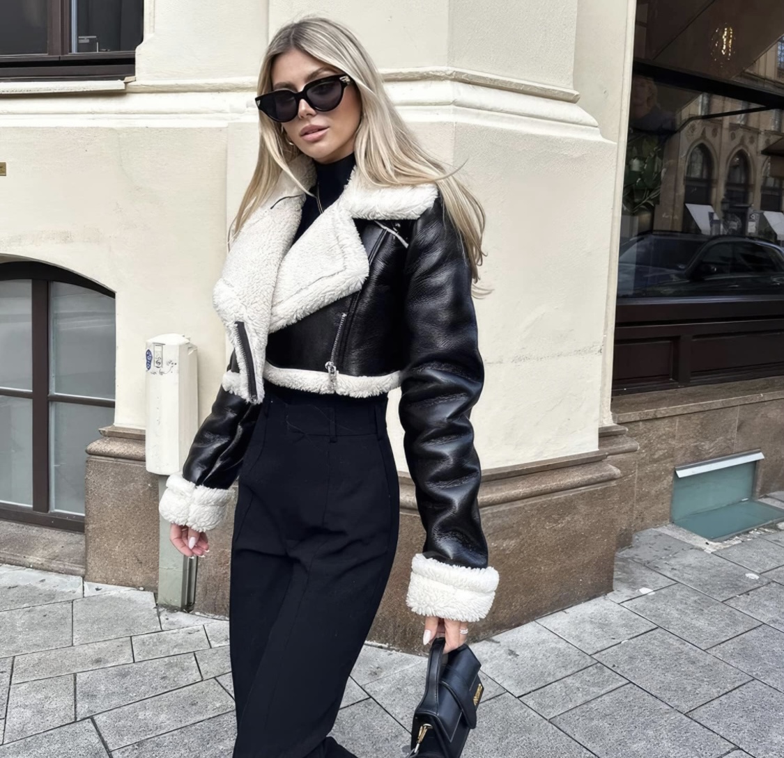 women’s cropped faux leather jacket with shearling fur collar