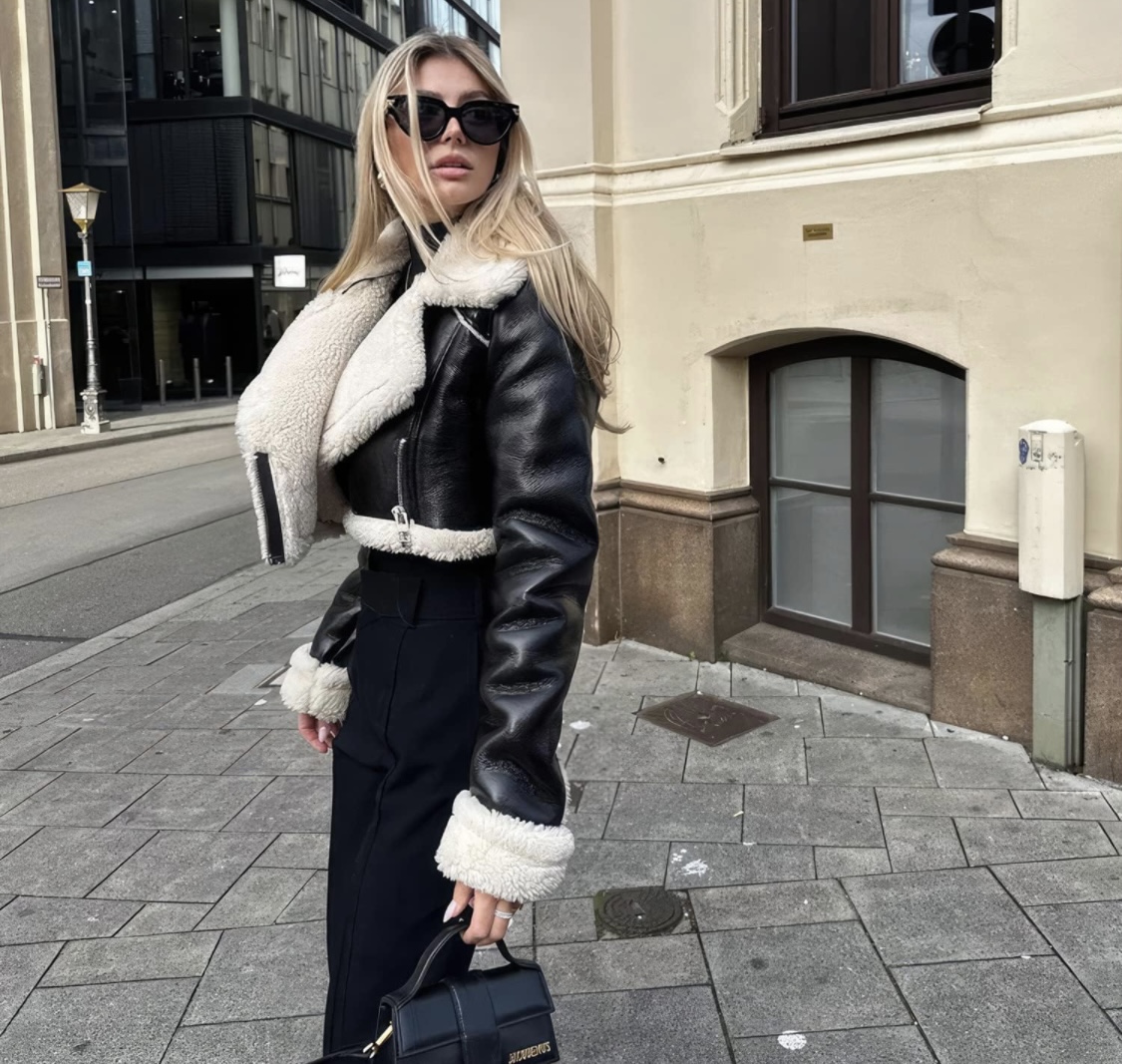 women’s cropped faux leather jacket with shearling fur collar