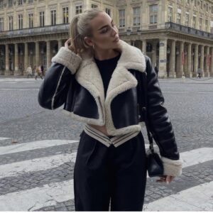 women’s cropped faux leather jacket with shearling fur collar