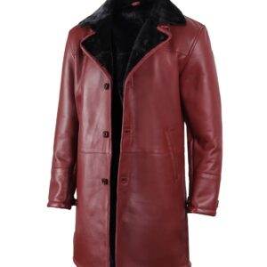 men’s red leather shearling collar winter coat