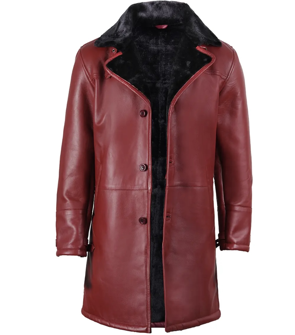 men’s red leather shearling collar winter coat