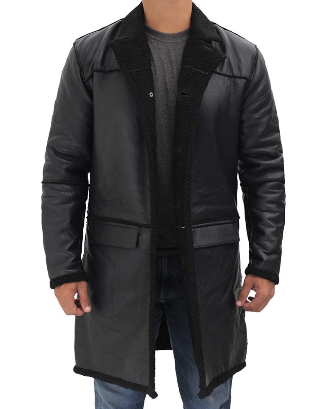 luxury men’s black shearling longline leather coat