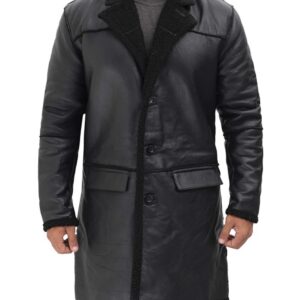 luxury men’s black shearling longline leather coat
