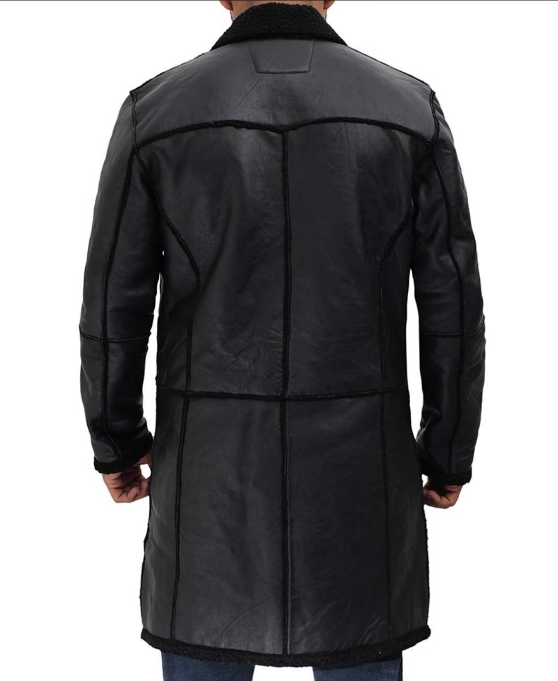 luxury men’s black shearling longline leather coat