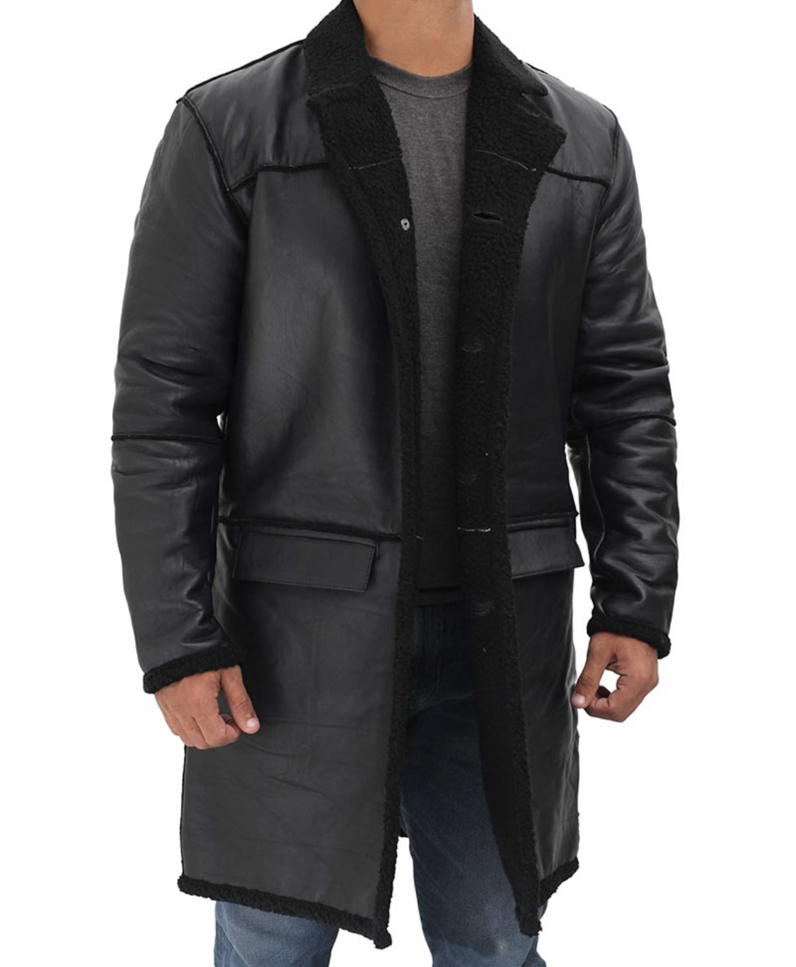 luxury men’s black shearling longline leather coat