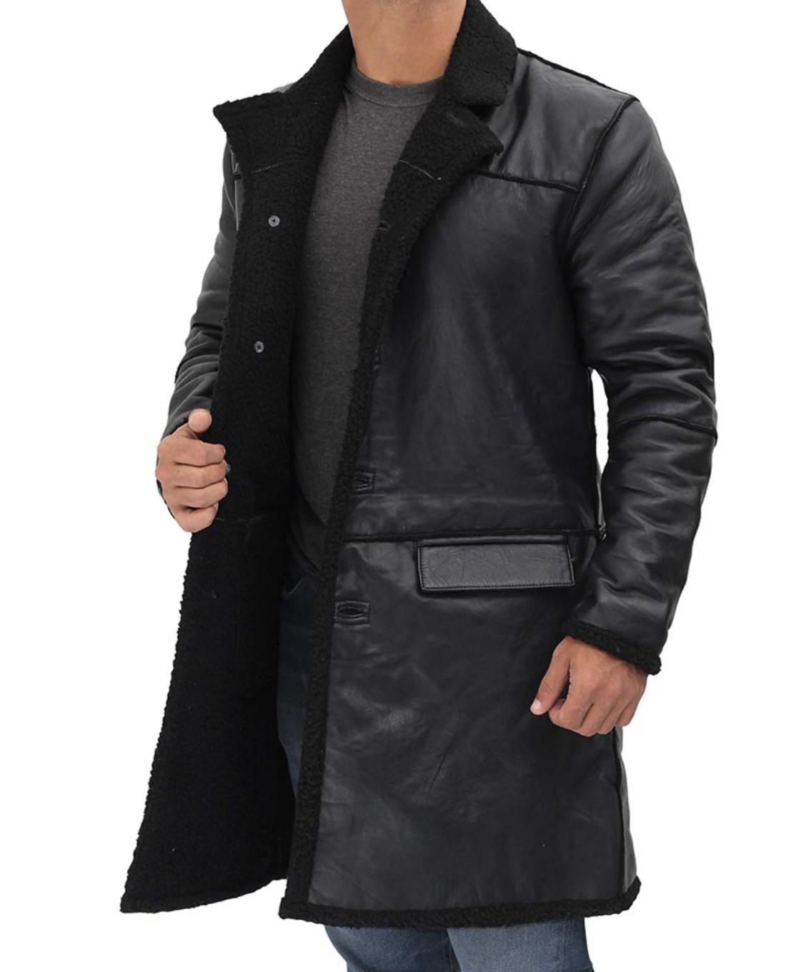 luxury men’s black shearling longline leather coat