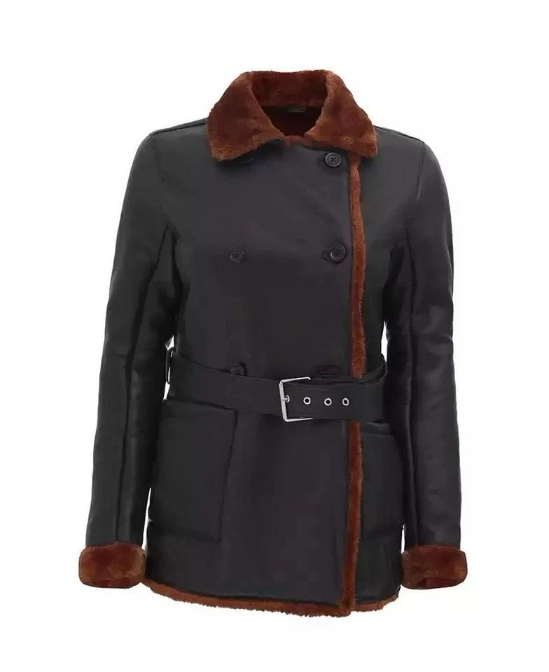 women’s double breasted faux leather shearling jacket with belt