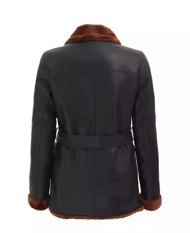 women’s double breasted faux leather shearling jacket with belt