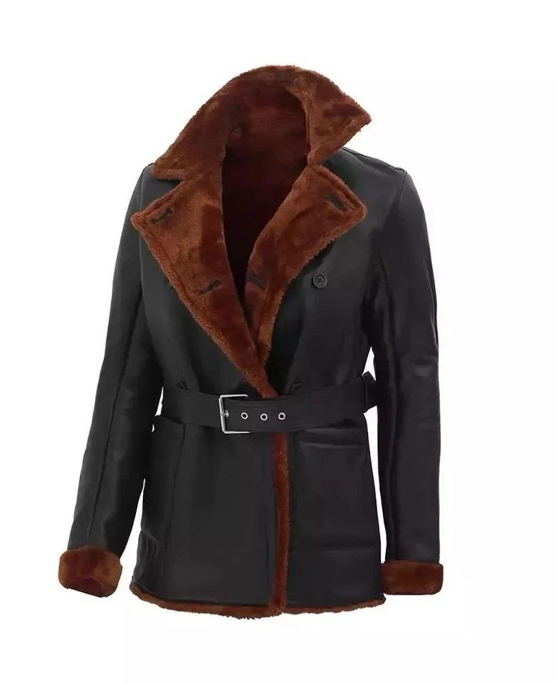 women’s double breasted faux leather shearling jacket with belt