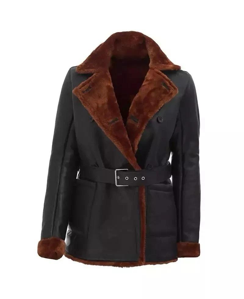 women’s double breasted faux leather shearling jacket with belt