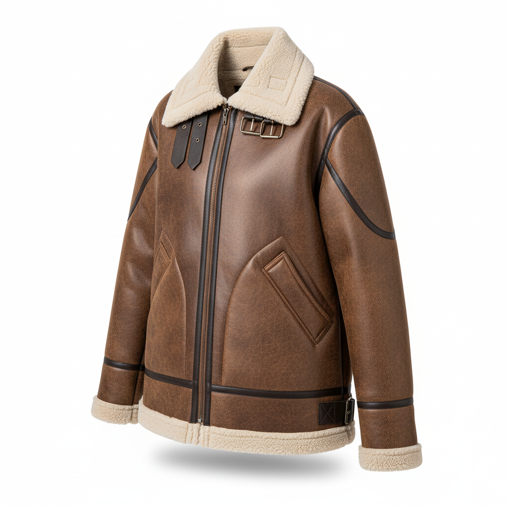 women’s oversized aviator leather style jacket with fur lining