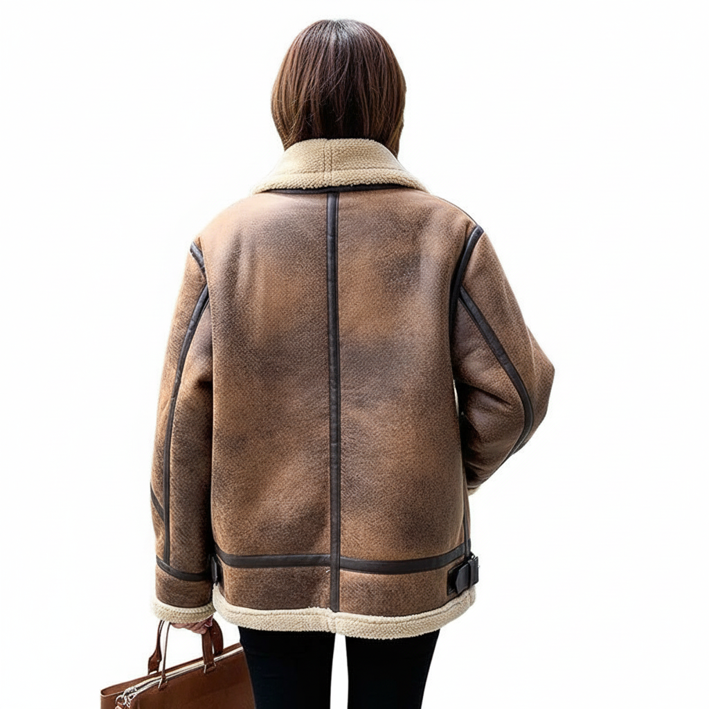 women’s oversized aviator leather style jacket with fur lining