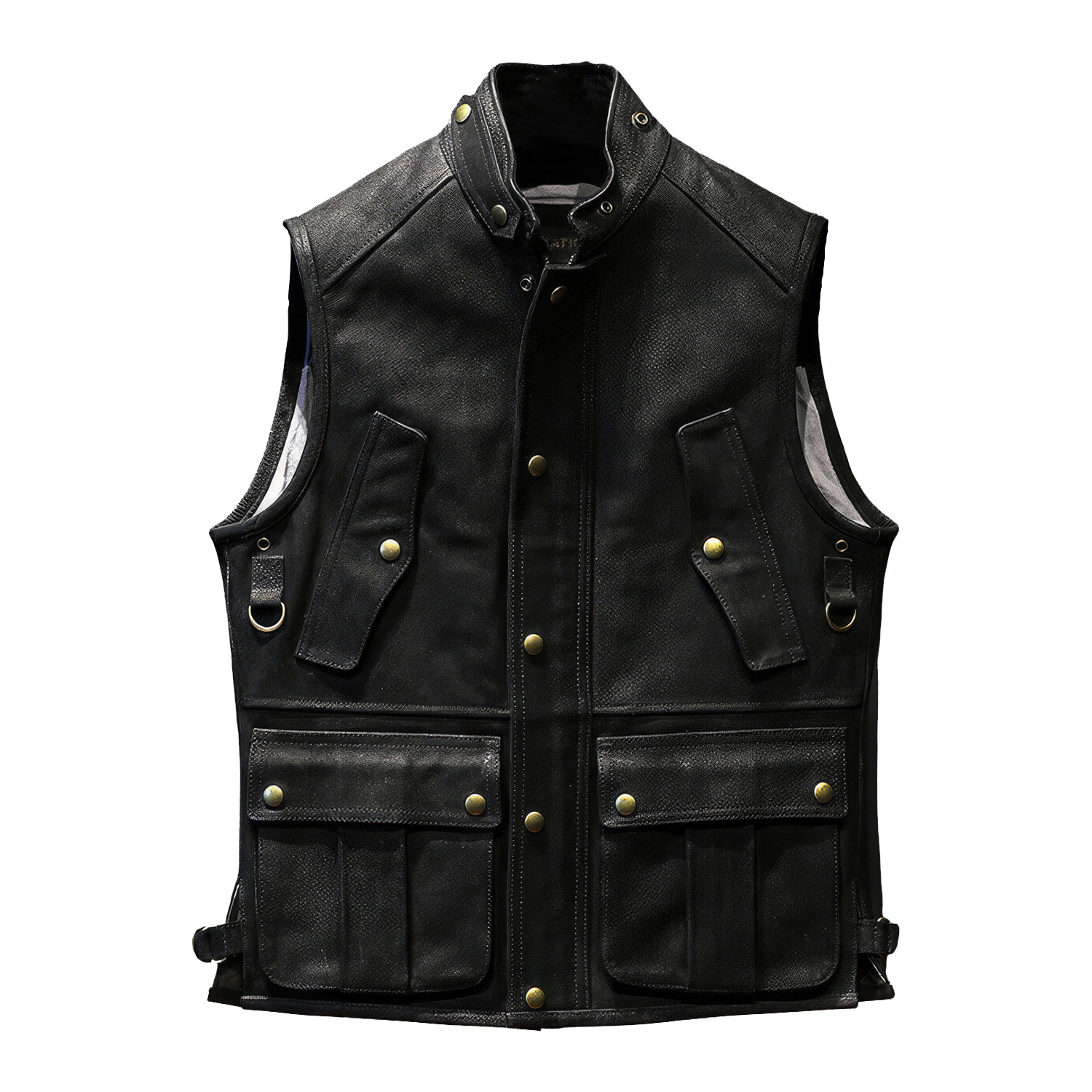 Men’s Black Biker Genuine Sheepskin Stand Collar Vest Café Racer Classic Hip Hop Punk Sleeveless Racer Leather Waistcoat