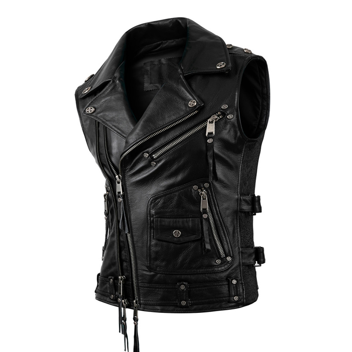 Men’s Black Biker Brando Lapel Collar Genuine Cowhide Vest Sleeveless Classic Asymmetrical Moto Rider Leather Waistcoat - Image 4