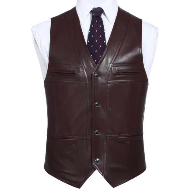 Men’s Burgundy Genuine Sheepskin Sleeveless Vest Gentlemen Business Casual Slim Fit Tank Top Smooth Leather Waistcoat