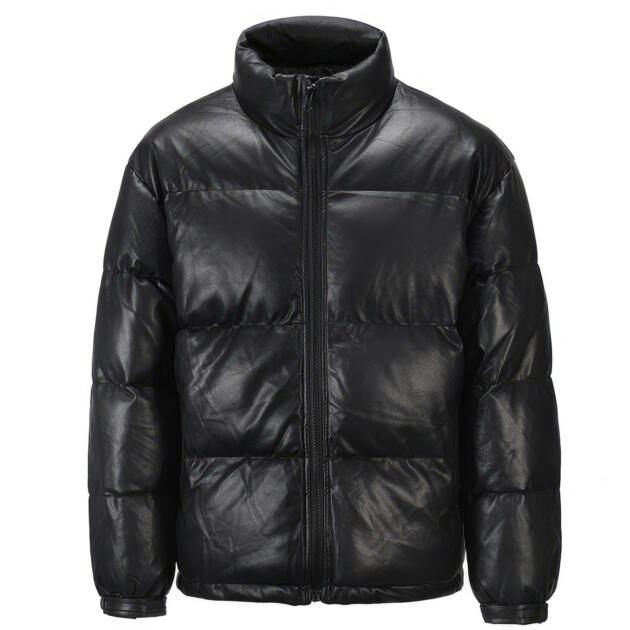 Men’s Black Genuine Sheepskin High-Neck Winter Warm Streetwear Thick Lightweight Baggy Padded Puffer Leather Jacket