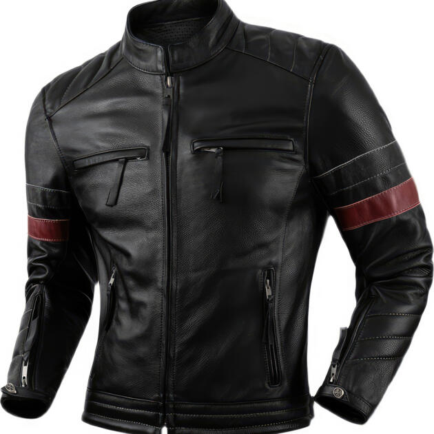 Men’s Black Biker Genuine Cowhide Stand Collar Motorcycle Retro Red Strip Racer Smooth Lightweight Leather Jacket