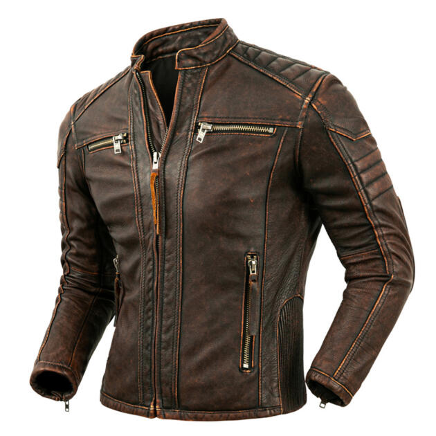 Vintage Distressed Brown Leather Biker Jacket – Premium Slim Fit