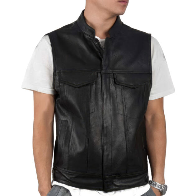 Men’s Black Biker Genuine Sheepskin Stand Collar Vest Café Racer Classic Hip Hop Punk Sleeveless Racer Leather Waistcoat