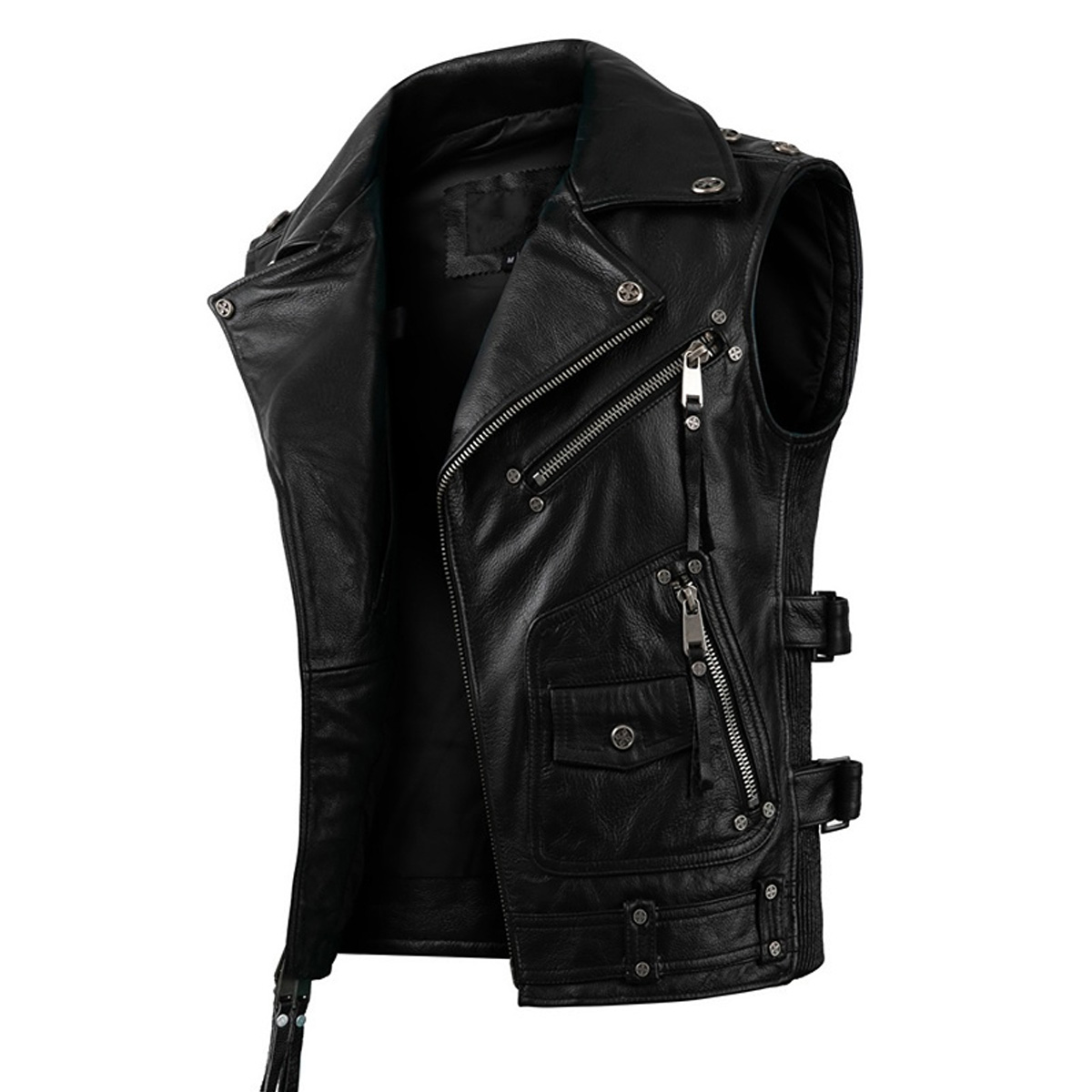 Men’s Black Biker Brando Lapel Collar Genuine Cowhide Vest Sleeveless Classic Asymmetrical Moto Rider Leather Waistcoat - Image 6