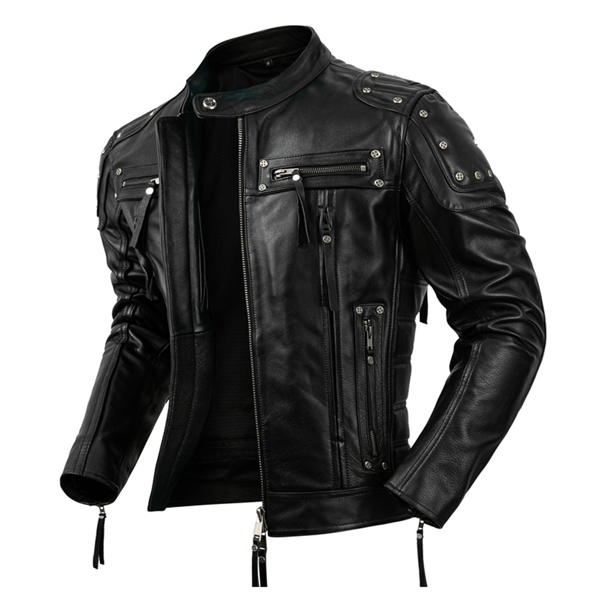 Men’s Black Biker Genuine Cowhide Stand Collar Motorcycle Rider Casual Classic Fashionable Slim Fit Zip-Up Leather Jacket - Image 4