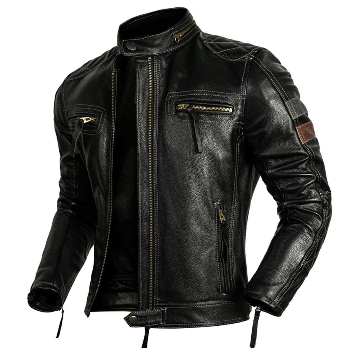 Men’s Black Biker Genuine Cowhide Stand Collar Multi-Zippers Moto Rider Classic Leather Jacket - Image 3