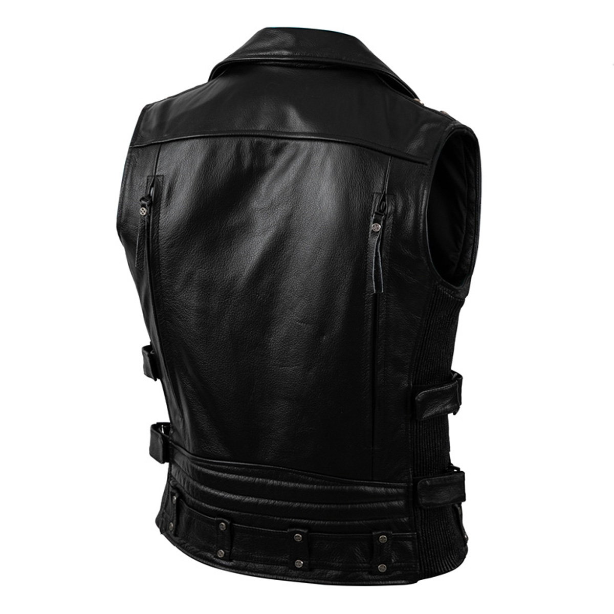 Men’s Black Biker Brando Lapel Collar Genuine Cowhide Vest Sleeveless Classic Asymmetrical Moto Rider Leather Waistcoat - Image 5
