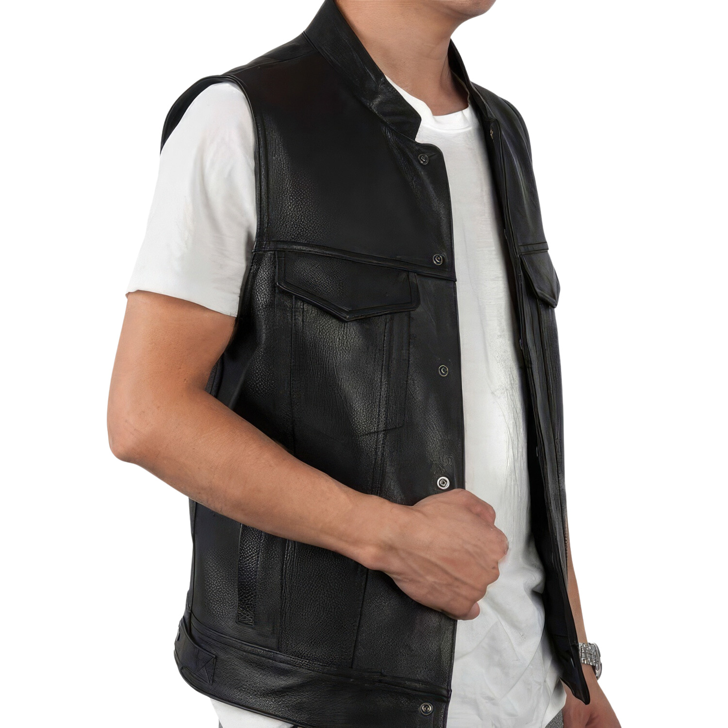 Men’s Black Biker Genuine Sheepskin Stand Collar Vest Café Racer Classic Hip Hop Punk Sleeveless Racer Leather Waistcoat - Image 2