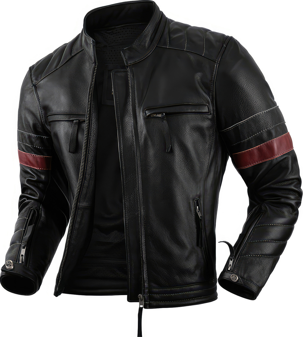 Men’s Black Biker Genuine Cowhide Stand Collar Multi-Zippers Moto Rider Classic Leather Jacket