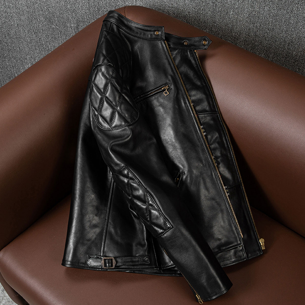 Mens Genuine Cow Leather Jacket Motorcycle Suit Slim Fit Stand up Collar Winter Autumn Coat Jacket - Image 2