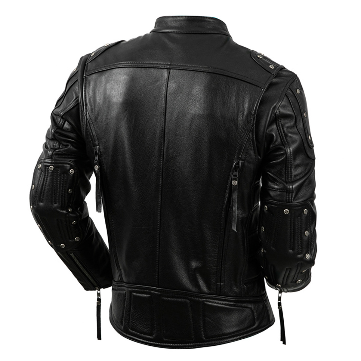 Men’s Black Biker Genuine Cowhide Stand Collar Motorcycle Rider Casual Classic Fashionable Slim Fit Zip-Up Leather Jacket - Image 2