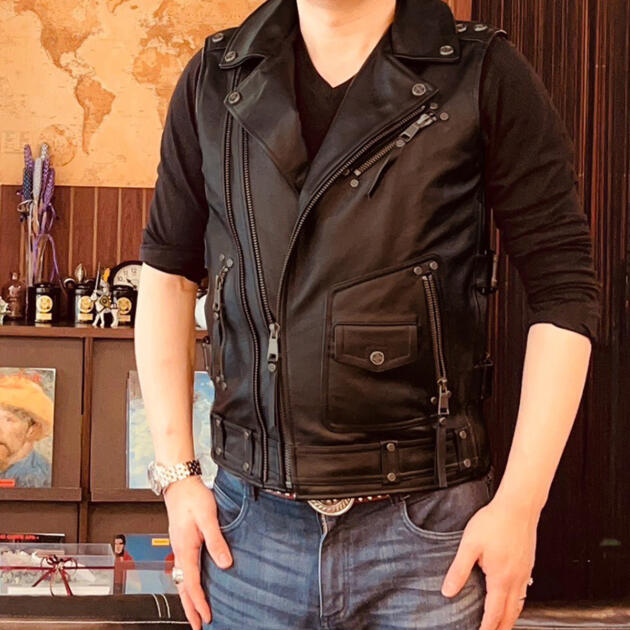 Men’s Black Biker Brando Lapel Collar Genuine Cowhide Vest Sleeveless Classic Asymmetrical Moto Rider Leather Waistcoat