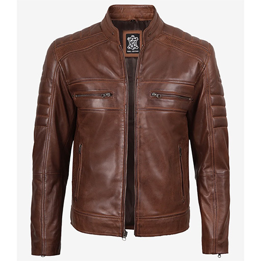 Men's Cognac Brown Waxed Lambskin Leather Motorcycle Biker Jacket