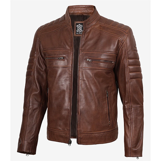 Men's Cognac Brown Waxed Lambskin Leather Motorcycle Biker Jacket - Image 4