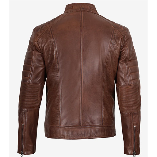 Men's Cognac Brown Waxed Lambskin Leather Motorcycle Biker Jacket - Image 2