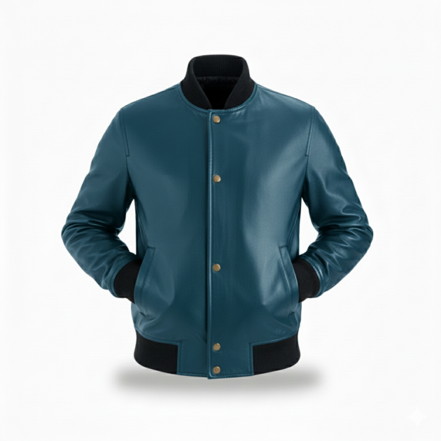 Men’s Blue Real Leather Bomber Jacket