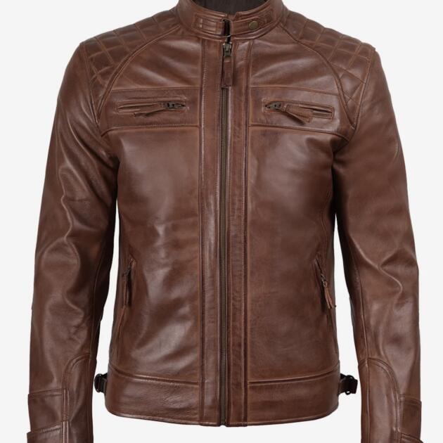 Men’s Premium Cognac Lambskin Leather Biker Jacket – Slim Fit