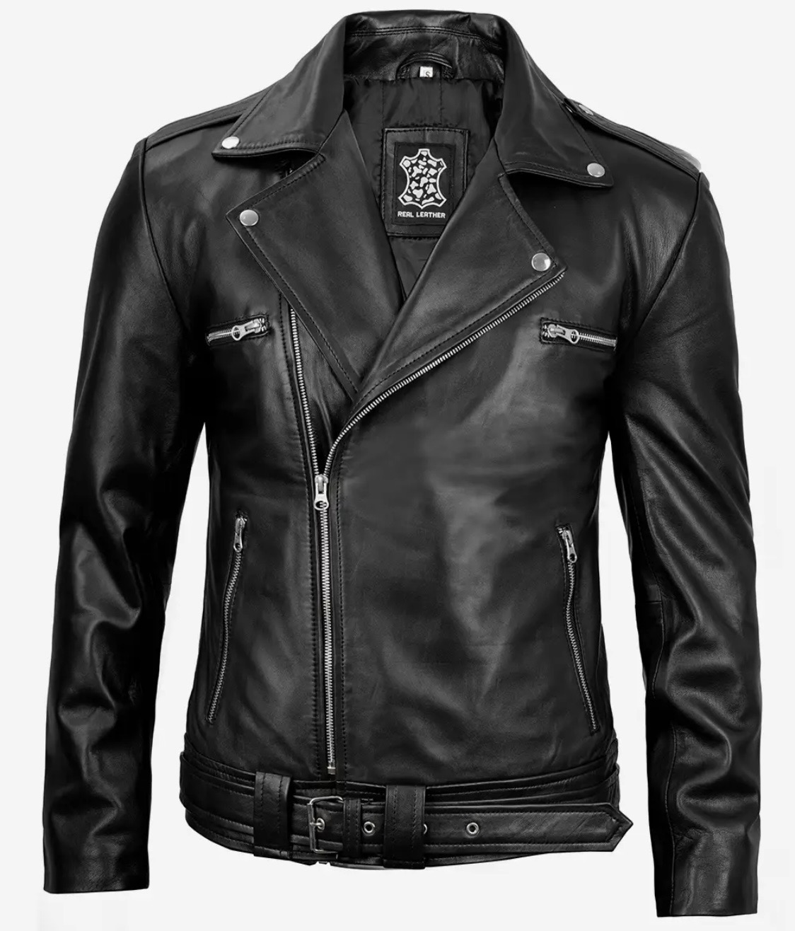 Negan Men’s Black Asymmetrical Belted Biker Style Real Leather Jacket - Image 6